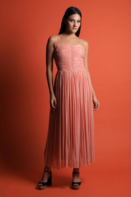 Swatee Singh_Peach Georgette Sweetheart Neck Strappy Midi Dress _Online_at_Aza_Fashions