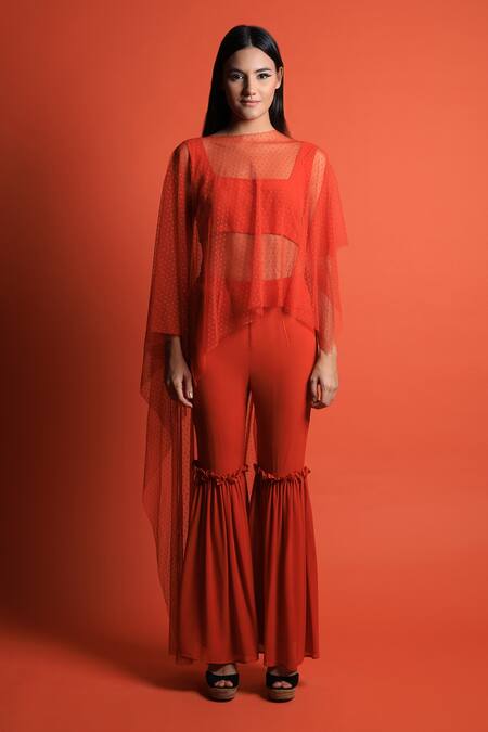 Swatee Singh_Orange Crepe And Lace Boat Asymmetric Cape & Pant Set _Online_at_Aza_Fashions