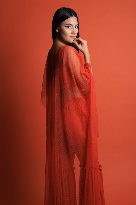 Buy_Swatee Singh_Orange Crepe And Lace Boat Asymmetric Cape & Pant Set _Online_at_Aza_Fashions