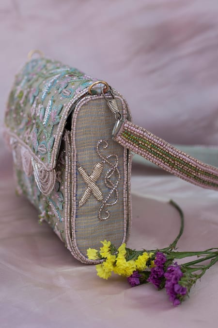 Show Shaa_Green Zari, Applique, Embroidery Clutch With Sling _Online_at_Aza_Fashions