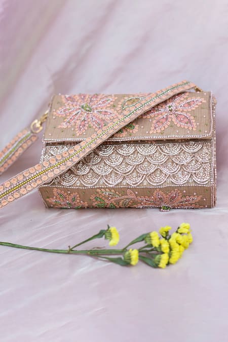 Shop Show Shaa Beige Zari, Embroidery, Applique Clutch With Sling at Aza Fashions Shop_Show Shaa_Beige Zari, Embroidery, Applique Clutch With Sling _at_Aza_Fashions