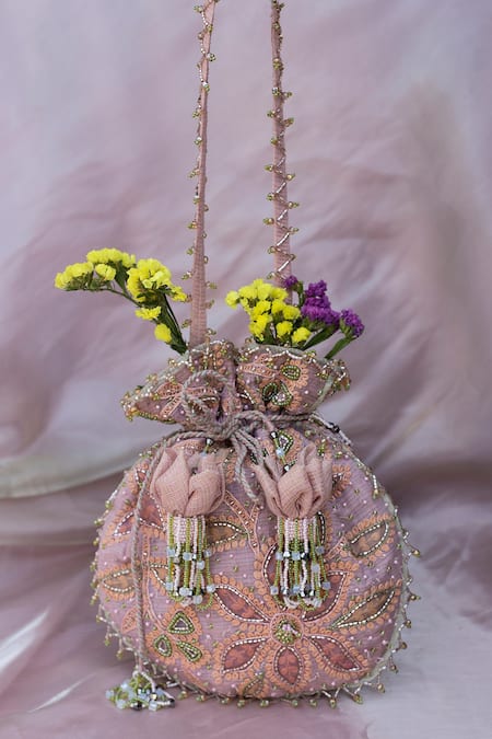 Shop_Show Shaa_Pink Zari, Embroidery, Applique Potli Bag _at_Aza_Fashions