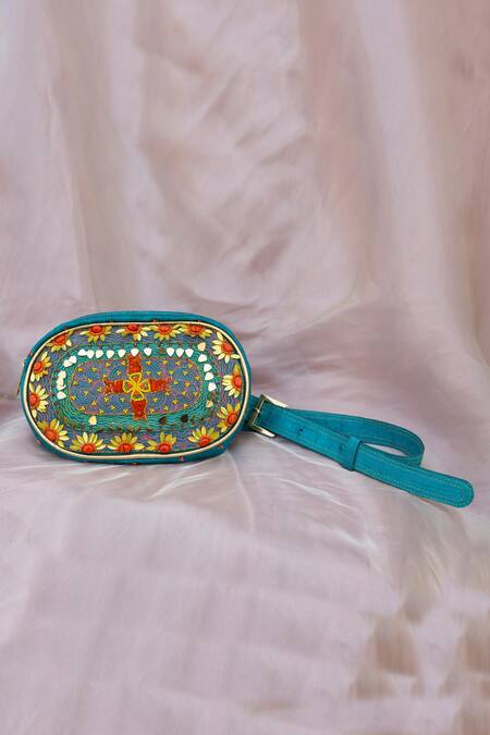 Shop_Show Shaa_Blue Embroidery Fanny Belt Bag _at_Aza_Fashions