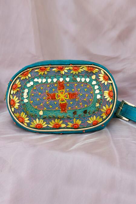Show Shaa_Blue Embroidery Fanny Belt Bag _Online_at_Aza_Fashions