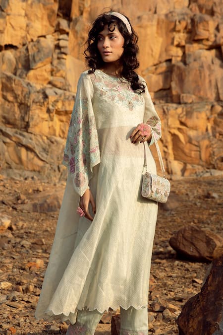 Show Shaa Green Glaze Cotton, Kota Silk Round Flared Tunic And Pant Set