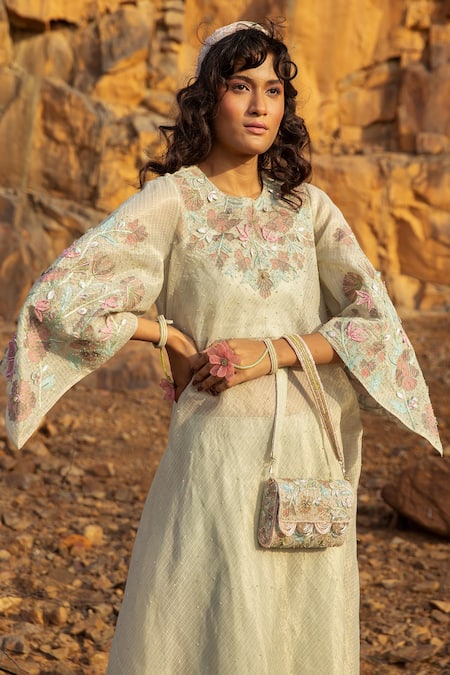 Shop Show Shaa Green Glaze Cotton, Kota Silk Round Flared Tunic And Pant Set at Aza Fashions Shop_Show Shaa_Green Glaze Cotton, Kota Silk Round Flared Tunic And Pant Set _at_Aza_Fashions