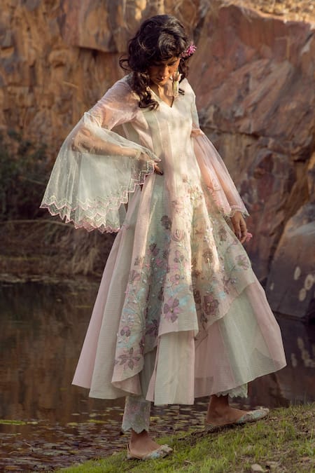 Shop Show Shaa Green Glaze Cotton, Kota Silk V Neck Embroidered Angrakha And Pant Set at Aza Fashions Shop_Show Shaa_Green Glaze Cotton, Kota Silk V Neck Embroidered Angrakha And Pant Set _at_Aza_Fashions