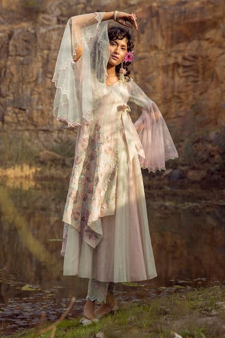 Show Shaa Green Glaze Cotton, Kota Silk V Neck Embroidered Angrakha And Pant Set 