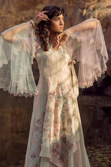 Show Shaa Green Glaze Cotton, Kota Silk V Neck Embroidered Angrakha And Pant Set Online at Aza Fashions Show Shaa_Green Glaze Cotton, Kota Silk V Neck Embroidered Angrakha And Pant Set _Online_at_Aza_Fashions