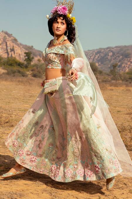 Smoked Pink Lehenga With Off Shoulder Peplum and Skirt – Awigna