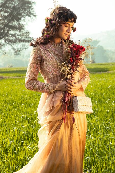 Show Shaa Gold Short Collar Pre-draped Saree Set Online at Aza Fashions Show Shaa_Gold Short Collar Pre-draped Saree Set _Online_at_Aza_Fashions