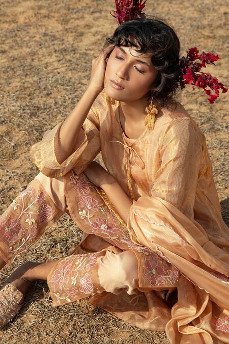 Show Shaa_Gold Organza, Glass , Glaze Cotton, Kota Round Embroidered Kurta Set _Online_at_Aza_Fashions