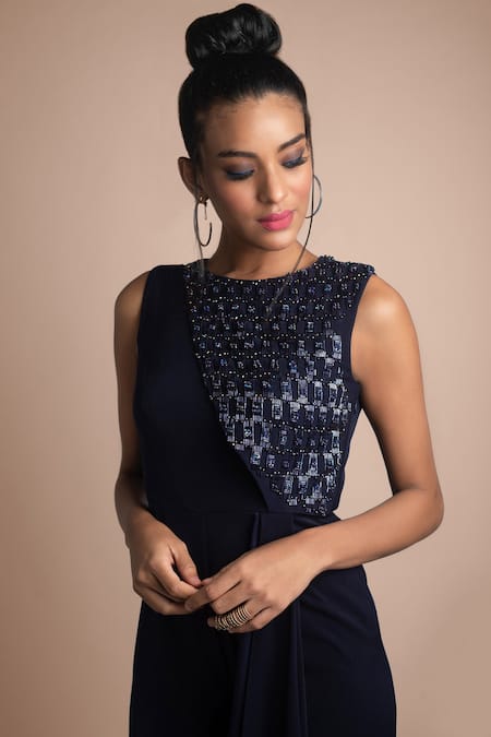 Mehak Murpana_Blue Stretch Suiting Round Draped Jumpsuit _Online_at_Aza_Fashions