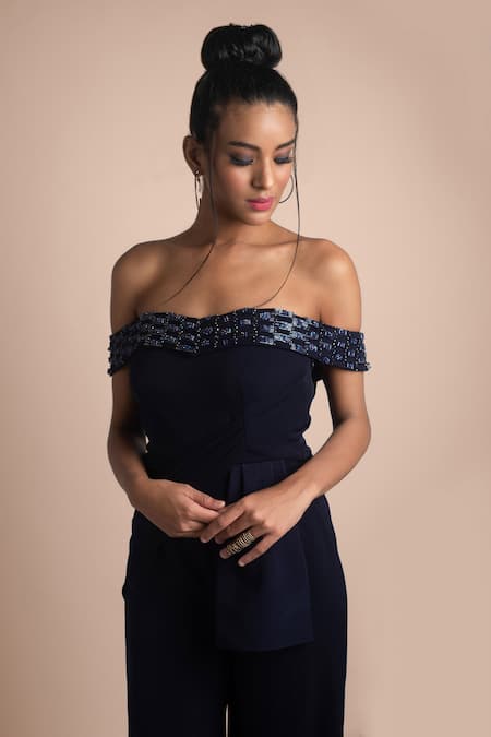 Mehak Murpana_Blue Stretch Suiting Sweetheart Neck Off Shoulder Draped Jumpsuit_Online_at_Aza_Fashions