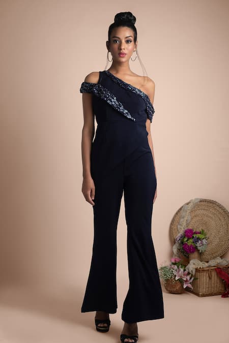 Shop Mehak Murpana Blue Stretch Suiting One Shoulder Top And Pant Set at Aza Fashions Shop_Mehak Murpana_Blue Stretch Suiting One Shoulder Top And Pant Set_at_Aza_Fashions