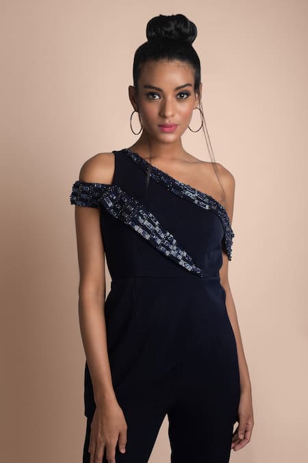 Mehak Murpana Blue Stretch Suiting One Shoulder Top And Pant Set Online at Aza Fashions Mehak Murpana_Blue Stretch Suiting One Shoulder Top And Pant Set_Online_at_Aza_Fashions