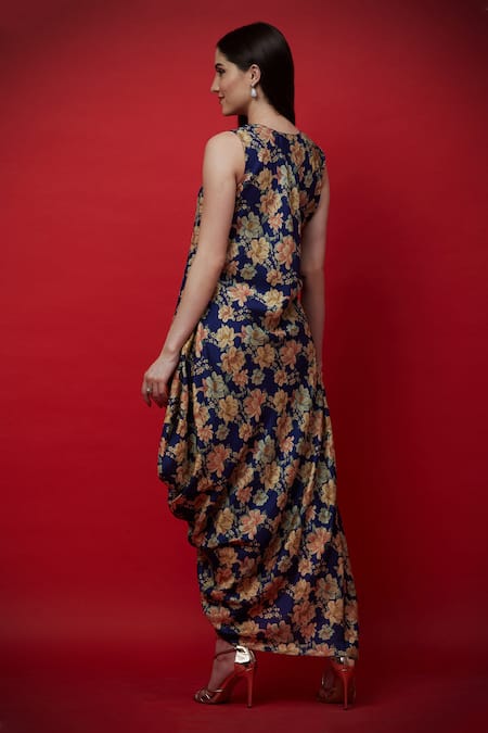 Shop Aayushi Maniar Blue Floral Print Draped Tunic at Aza Fashions Shop_Aayushi Maniar_Blue Floral Print Draped Tunic _at_Aza_Fashions