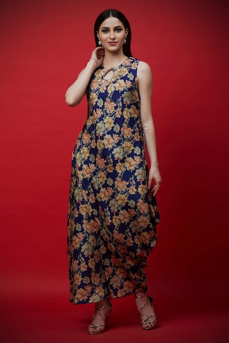 Aayushi Maniar Blue Floral Print Draped Tunic Online at Aza Fashions Aayushi Maniar_Blue Floral Print Draped Tunic _Online_at_Aza_Fashions