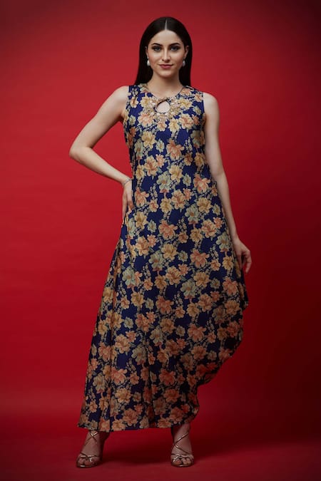 Buy Aayushi Maniar Blue Floral Print Draped Tunic Online at Aza Fashions Buy_Aayushi Maniar_Blue Floral Print Draped Tunic _Online_at_Aza_Fashions