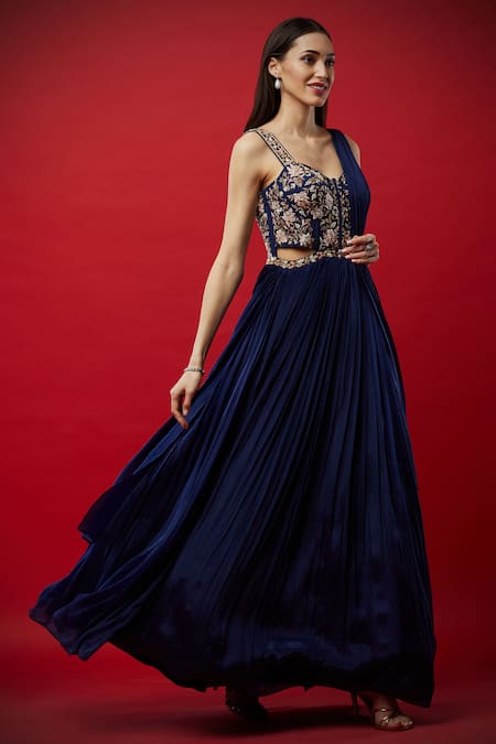 Aayushi Maniar Blue Silk, Butter Sweetheart Neck Embroidered Anarkali Gown Online at Aza Fashions Aayushi Maniar_Blue Silk, Butter Sweetheart Neck Embroidered Anarkali Gown _Online_at_Aza_Fashions