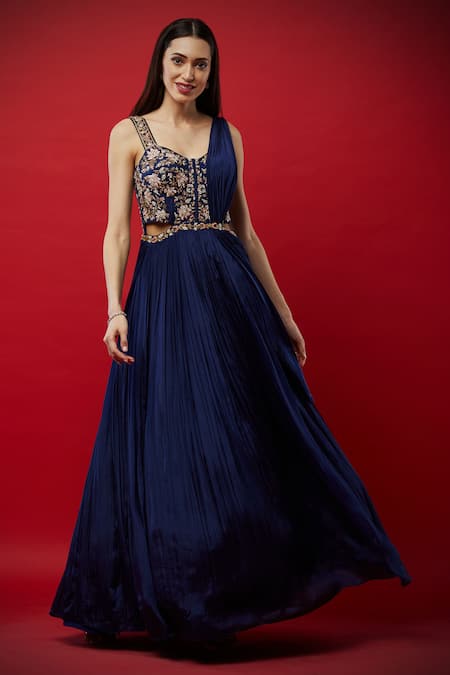 Buy Aayushi Maniar Blue Silk, Butter Sweetheart Neck Embroidered Anarkali Gown Online at Aza Fashions Buy_Aayushi Maniar_Blue Silk, Butter Sweetheart Neck Embroidered Anarkali Gown _Online_at_Aza_Fashions
