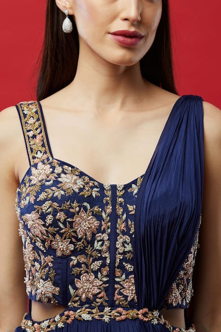 Shop Aayushi Maniar Blue Silk, Butter Sweetheart Neck Embroidered Anarkali Gown Online at Aza Fashions Shop_Aayushi Maniar_Blue Silk, Butter Sweetheart Neck Embroidered Anarkali Gown _Online_at_Aza_Fashions
