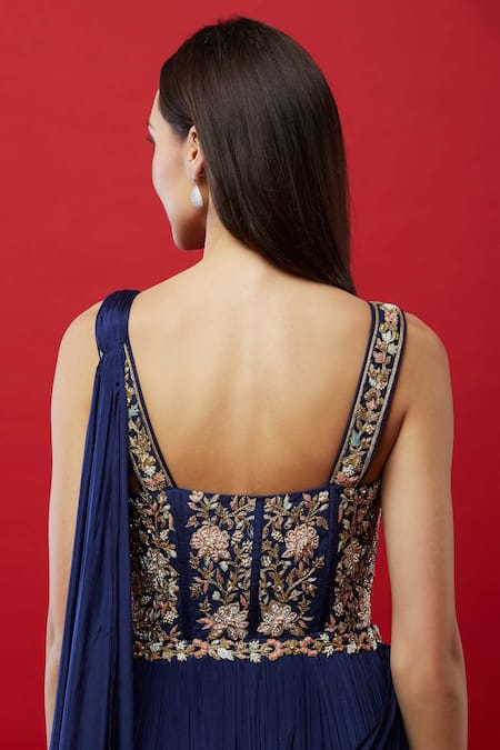 Aayushi Maniar Blue Silk, Butter Sweetheart Neck Embroidered Anarkali Gown at Aza Fashions Aayushi Maniar_Blue Silk, Butter Sweetheart Neck Embroidered Anarkali Gown _at_Aza_Fashions