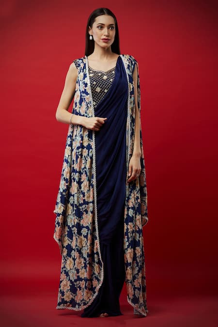 Aayushi Maniar Blue Crepe , Butter Crepe, Chinnon Embroidered Pre-draped Saree Set
