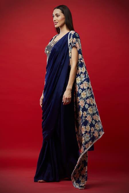 Buy Aayushi Maniar Blue Crepe , Butter Crepe, Chinnon Embroidered Pre-draped Saree Set Online at Aza Fashions Buy_Aayushi Maniar_Blue Crepe , Butter Crepe, Chinnon Embroidered Pre-draped Saree Set _Online_at_Aza_Fashions