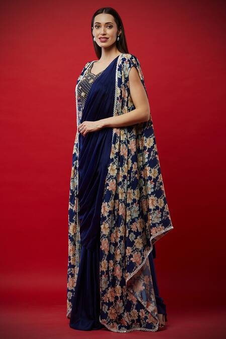 Shop Aayushi Maniar Blue Crepe , Butter Crepe, Chinnon Embroidered Pre-draped Saree Set Online at Aza Fashions Shop_Aayushi Maniar_Blue Crepe , Butter Crepe, Chinnon Embroidered Pre-draped Saree Set _Online_at_Aza_Fashions