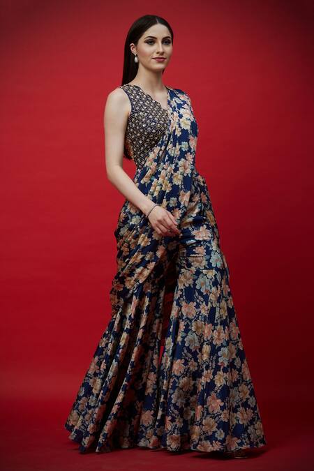Aayushi Maniar Blue Crepe Silk, Butter Crepe, Chinnon Embroidered Sharara Saree With Blouse Online at Aza Fashions Aayushi Maniar_Blue Crepe Silk, Butter Crepe, Chinnon Embroidered Sharara Saree With Blouse _Online_at_Aza_Fashions