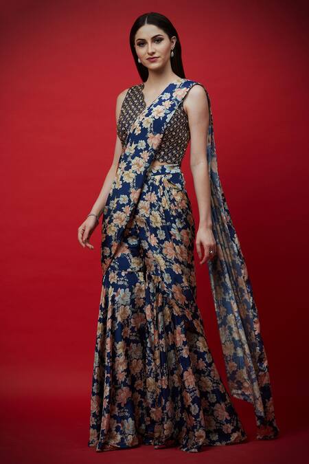 Buy Aayushi Maniar Blue Crepe Silk, Butter Crepe, Chinnon Embroidered Sharara Saree With Blouse Online at Aza Fashions Buy_Aayushi Maniar_Blue Crepe Silk, Butter Crepe, Chinnon Embroidered Sharara Saree With Blouse _Online_at_Aza_Fashions