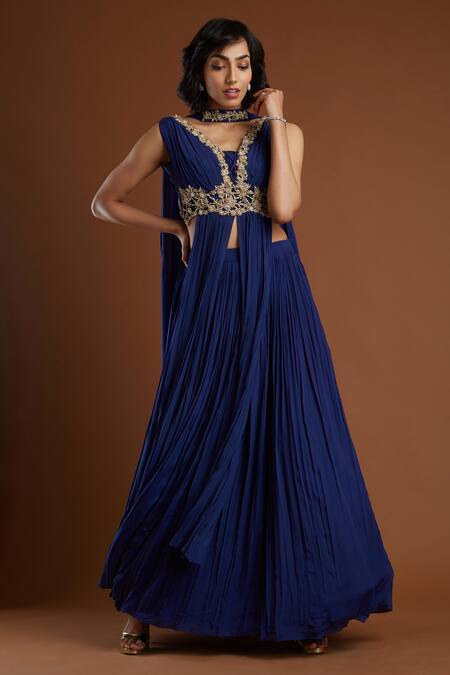 Buy_Aayushi Maniar_Blue Crepe Silk V Neck Embroidered Anarkali Lehenga Set _Online_at_Aza_Fashions