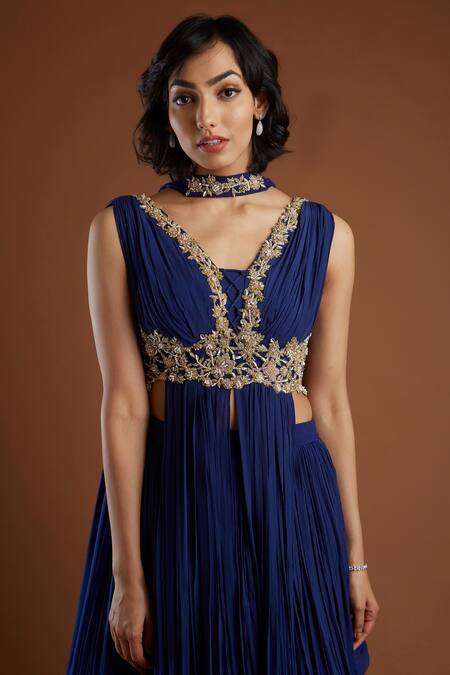 Aayushi Maniar_Blue Crepe Silk V Neck Embroidered Anarkali Lehenga Set _at_Aza_Fashions