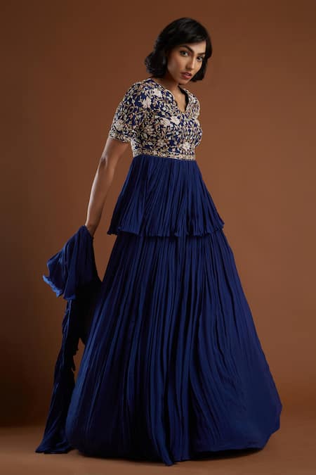 Shop Aayushi Maniar Blue Crepe Silk V Neck Embroidered Kurta Lehenga Set at Aza Fashions Shop_Aayushi Maniar_Blue Crepe Silk V Neck Embroidered Kurta Lehenga Set _at_Aza_Fashions