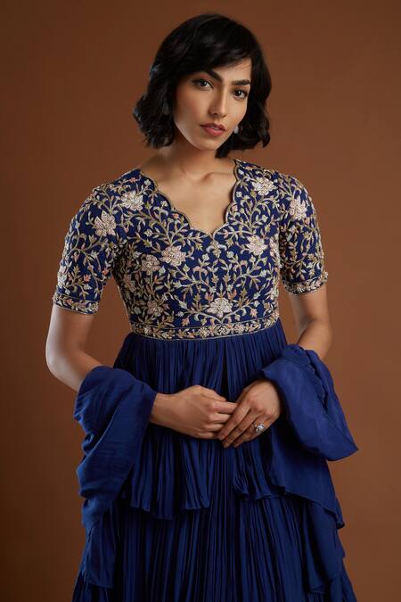 Buy Aayushi Maniar Blue Crepe Silk V Neck Embroidered Kurta Lehenga Set Online at Aza Fashions Buy_Aayushi Maniar_Blue Crepe Silk V Neck Embroidered Kurta Lehenga Set _Online_at_Aza_Fashions