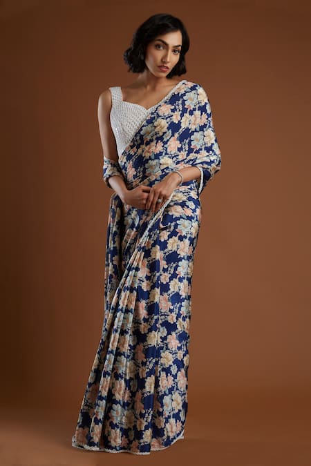 Aayushi Maniar Blue Crepe Silk Sweetheart Neck Printed Saree With Blouse