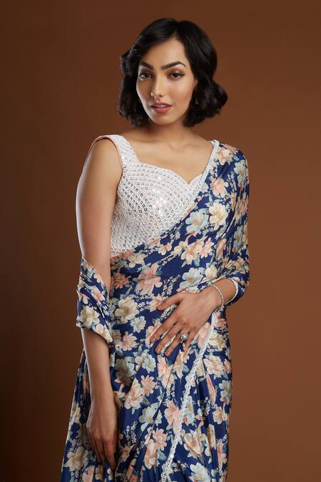 Shop_Aayushi Maniar_Blue Crepe Silk Sweetheart Neck Printed Saree With Blouse _Online_at_Aza_Fashions