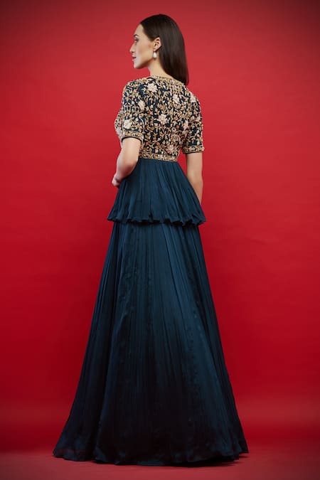 Shop Aayushi Maniar Blue Silk, Butter Round Embroidered Kurta Lehenga Set at Aza Fashions Shop_Aayushi Maniar_Blue Silk, Butter Round Embroidered Kurta Lehenga Set _at_Aza_Fashions
