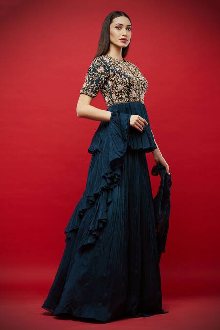 Aayushi Maniar Blue Silk, Butter Round Embroidered Kurta Lehenga Set Online at Aza Fashions Aayushi Maniar_Blue Silk, Butter Round Embroidered Kurta Lehenga Set _Online_at_Aza_Fashions