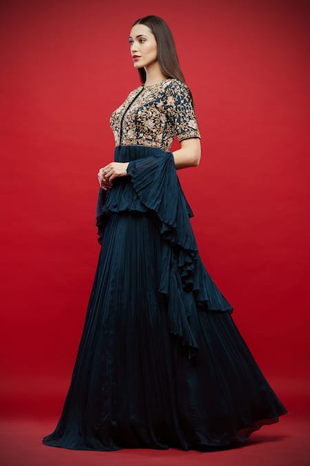 Buy Aayushi Maniar Blue Silk, Butter Round Embroidered Kurta Lehenga Set Online at Aza Fashions Buy_Aayushi Maniar_Blue Silk, Butter Round Embroidered Kurta Lehenga Set _Online_at_Aza_Fashions