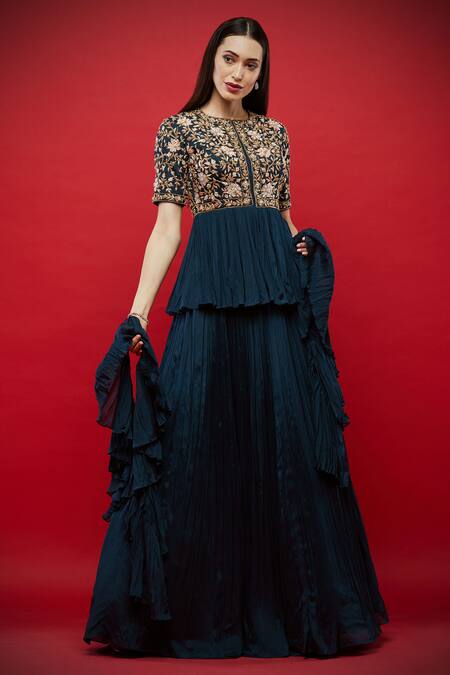 Shop Aayushi Maniar Blue Silk, Butter Round Embroidered Kurta Lehenga Set Online at Aza Fashions Shop_Aayushi Maniar_Blue Silk, Butter Round Embroidered Kurta Lehenga Set _Online_at_Aza_Fashions