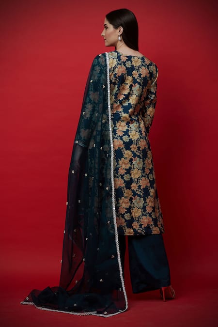 Shop Aayushi Maniar Blue Organza, Tussar Silk, Crepe Silk, Butter Embroidered Kurta And Palazzo Set at Aza Fashions Shop_Aayushi Maniar_Blue Organza, Tussar Silk, Crepe Silk, Butter Embroidered Kurta And Palazzo Set _at_Aza_Fashions