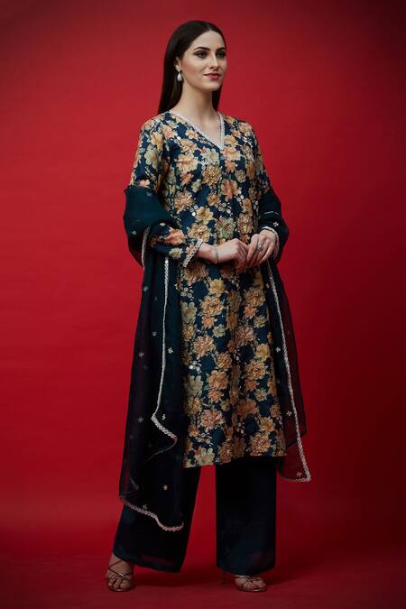 Aayushi Maniar Blue Organza, Tussar Silk, Crepe Silk, Butter Embroidered Kurta And Palazzo Set Online at Aza Fashions Aayushi Maniar_Blue Organza, Tussar Silk, Crepe Silk, Butter Embroidered Kurta And Palazzo Set _Online_at_Aza_Fashions