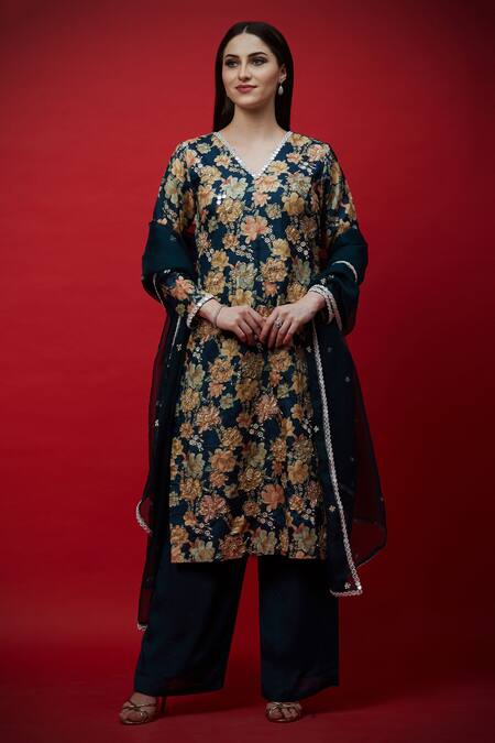 Buy Aayushi Maniar Blue Organza, Tussar Silk, Crepe Silk, Butter Embroidered Kurta And Palazzo Set Online at Aza Fashions Buy_Aayushi Maniar_Blue Organza, Tussar Silk, Crepe Silk, Butter Embroidered Kurta And Palazzo Set _Online_at_Aza_Fashions
