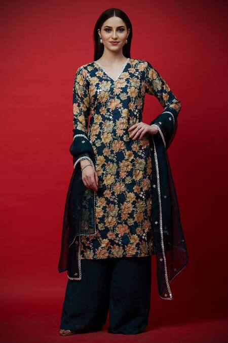 Shop Aayushi Maniar Blue Organza, Tussar Silk, Crepe Silk, Butter Embroidered Kurta And Palazzo Set Online at Aza Fashions Shop_Aayushi Maniar_Blue Organza, Tussar Silk, Crepe Silk, Butter Embroidered Kurta And Palazzo Set _Online_at_Aza_Fashions