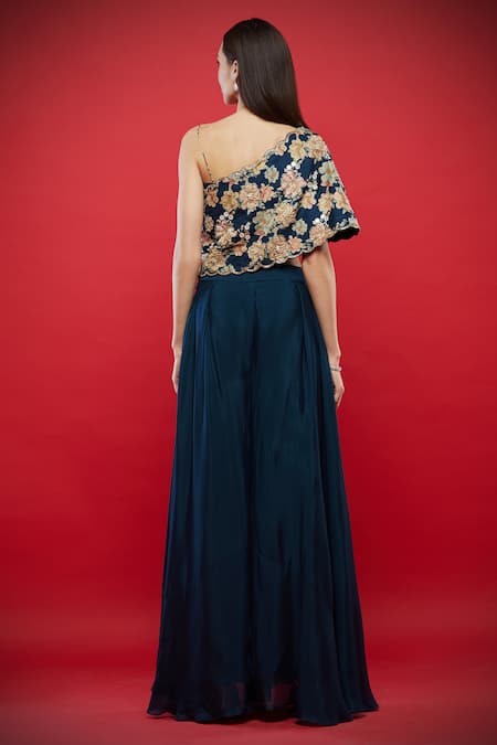 Shop Aayushi Maniar Blue Tussar Silk, Silk, Butter Cape Embroidered And Palazzo Set at Aza Fashions Shop_Aayushi Maniar_Blue Tussar Silk, Silk, Butter Cape Embroidered And Palazzo Set _at_Aza_Fashions