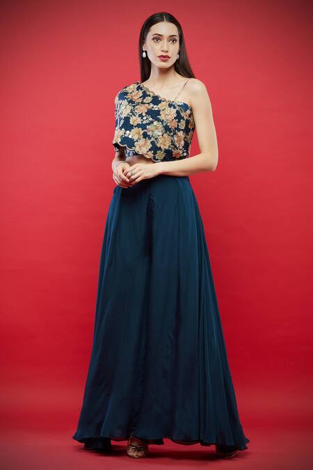 Aayushi Maniar Blue Tussar Silk, Silk, Butter Cape Embroidered And Palazzo Set Online at Aza Fashions Aayushi Maniar_Blue Tussar Silk, Silk, Butter Cape Embroidered And Palazzo Set _Online_at_Aza_Fashions