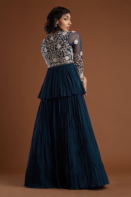Shop Aayushi Maniar Blue Crepe Silk V Neck Embroidered Kurta Lehenga Set at Aza Fashions Shop_Aayushi Maniar_Blue Crepe Silk V Neck Embroidered Kurta Lehenga Set _at_Aza_Fashions