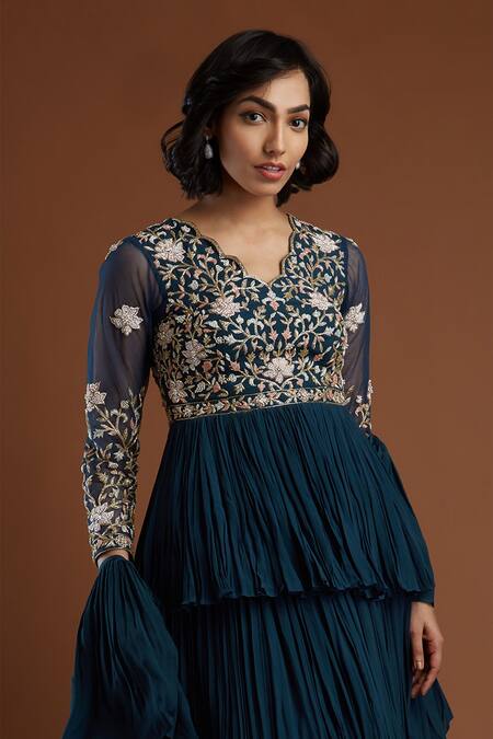 Buy Aayushi Maniar Blue Crepe Silk V Neck Embroidered Kurta Lehenga Set Online at Aza Fashions Buy_Aayushi Maniar_Blue Crepe Silk V Neck Embroidered Kurta Lehenga Set _Online_at_Aza_Fashions